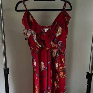 Red floral dress off the shoulder high to low skirt